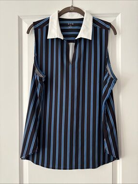 Ladies OTG Sleeveless Black & Blue Striped Collared Golf Shirt
